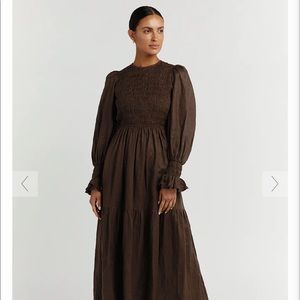 DISSH JORJA DARK CHOC LINEN MIDI DRESS